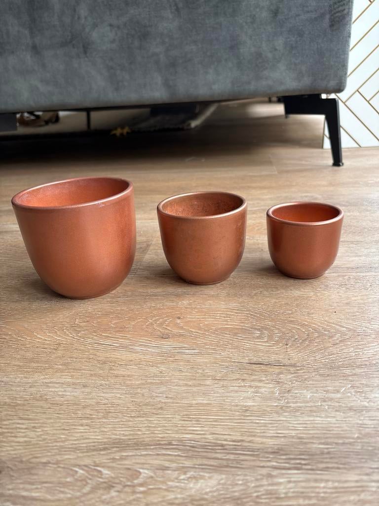 Set van 3 kleine koperkleurige bloempotjes voor binnen, Steen, Gebruikt, Rond, Binnen