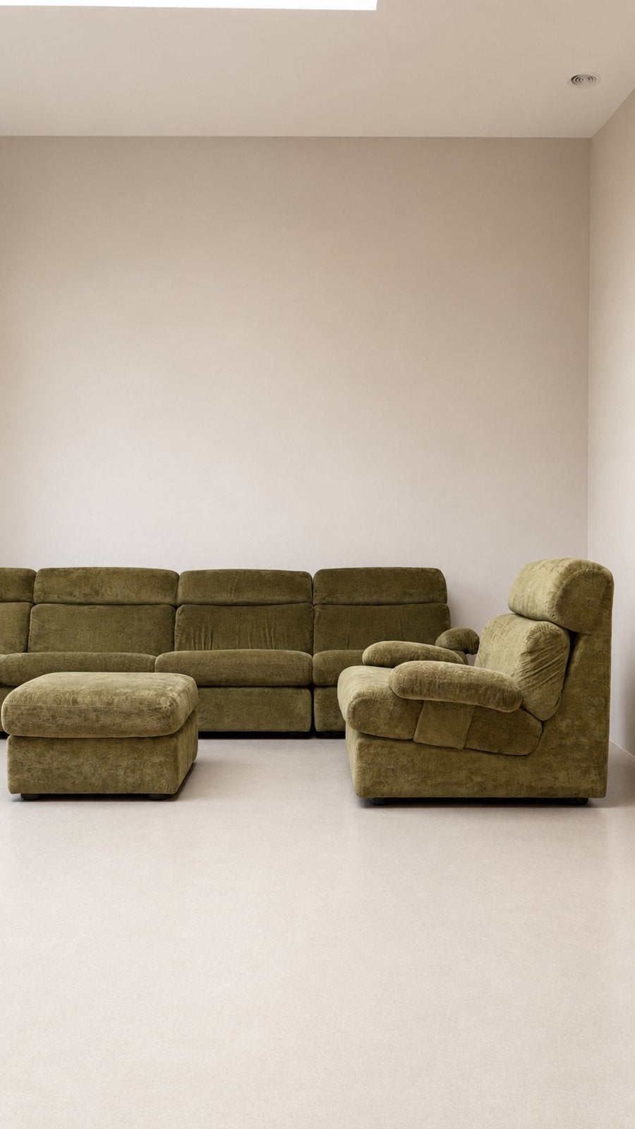 Vintage modulaire groene velours bankstel / fauteuil & poef, Ophalen, Overige maten, Vintage, 300 cm of meer
