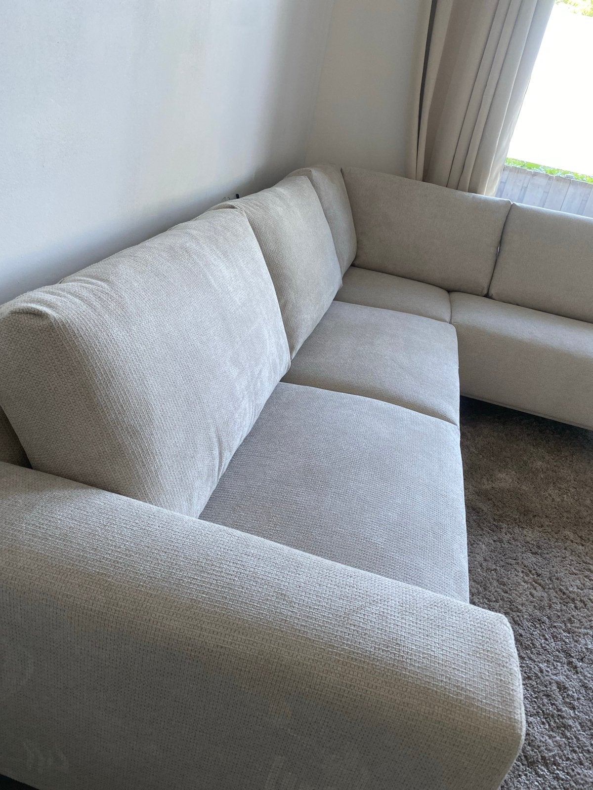 Hoekbank 3-zits met eiland, naturel, 275x205x86 cm, Ophalen, Zo goed als nieuw, Stof