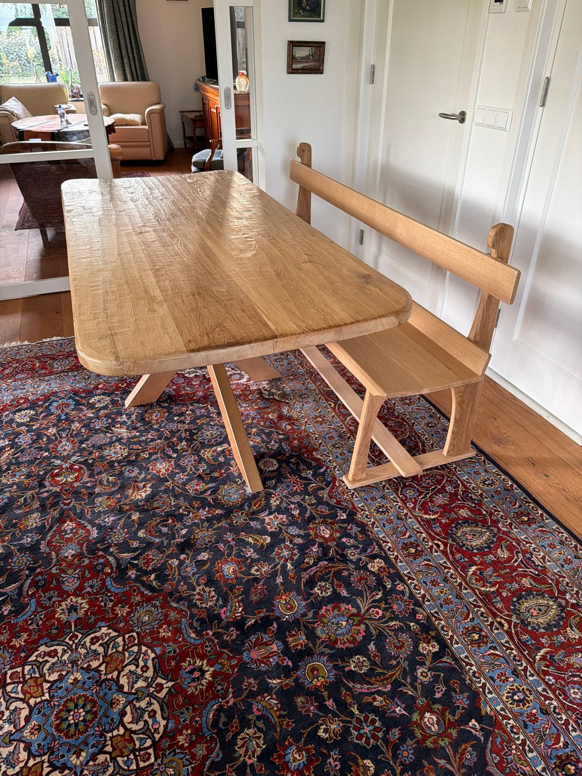Handgemaakte houten bank en tafel met stalen onderstel, Ophalen, Nieuw, 50 tot 100 cm, 150 tot 200 cm