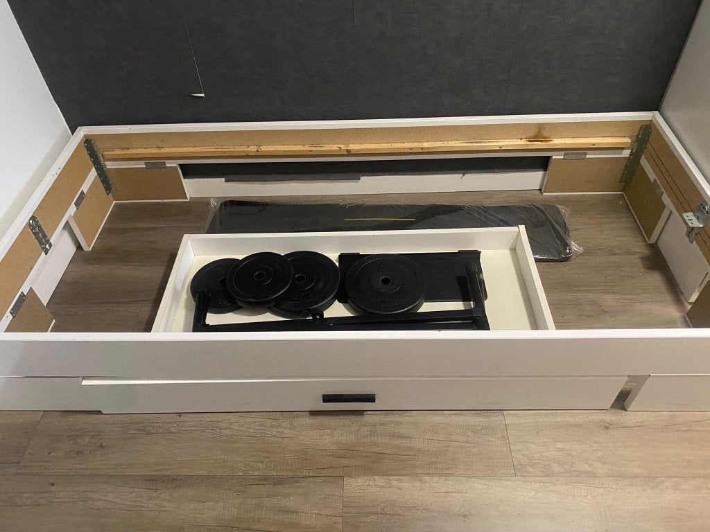 een persones bed met bodem, Ophalen, 90 cm, Eenpersoons, Wit
