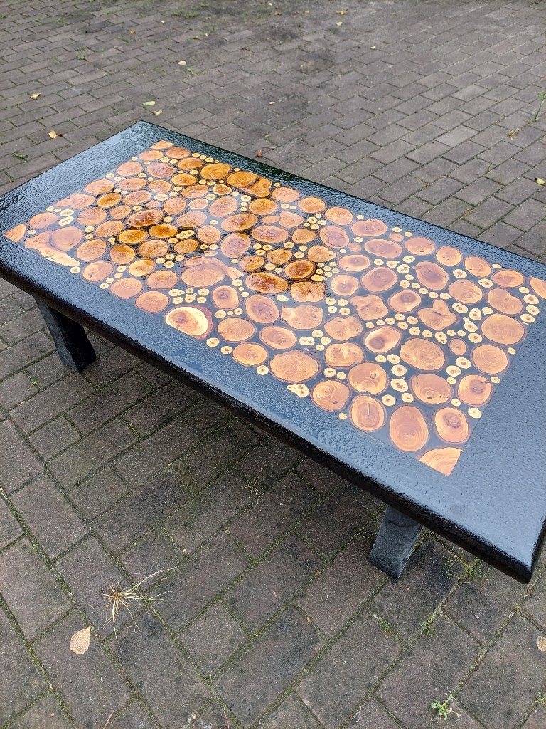 Unieke eiken salontafel met epoxy, Ophalen, Eikenhout, 100 tot 150 cm, 50 tot 100 cm