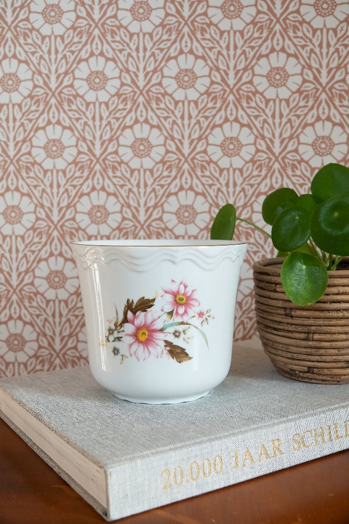 Vintage bloempot Cachepot roze bloemen gouden randje, Antiek en Kunst, Ophalen of Verzenden