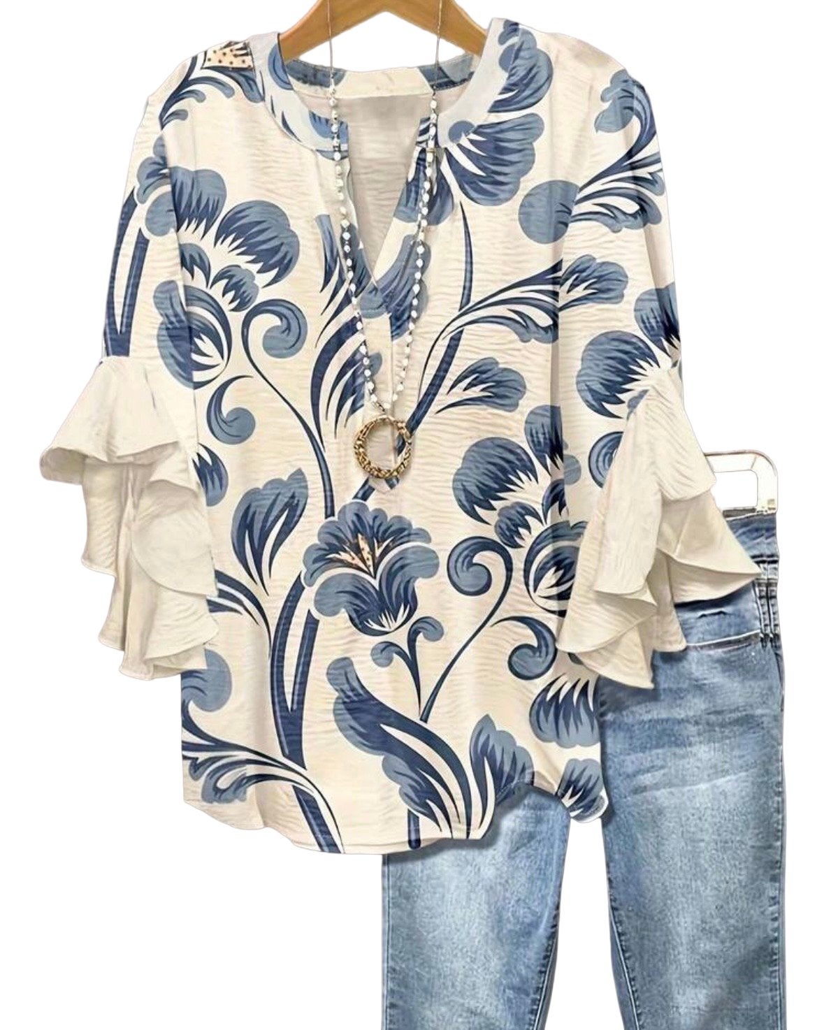 Bloemenprint blouse met ruches mouwen (34-48), Verzenden, Nieuw, Blauw
