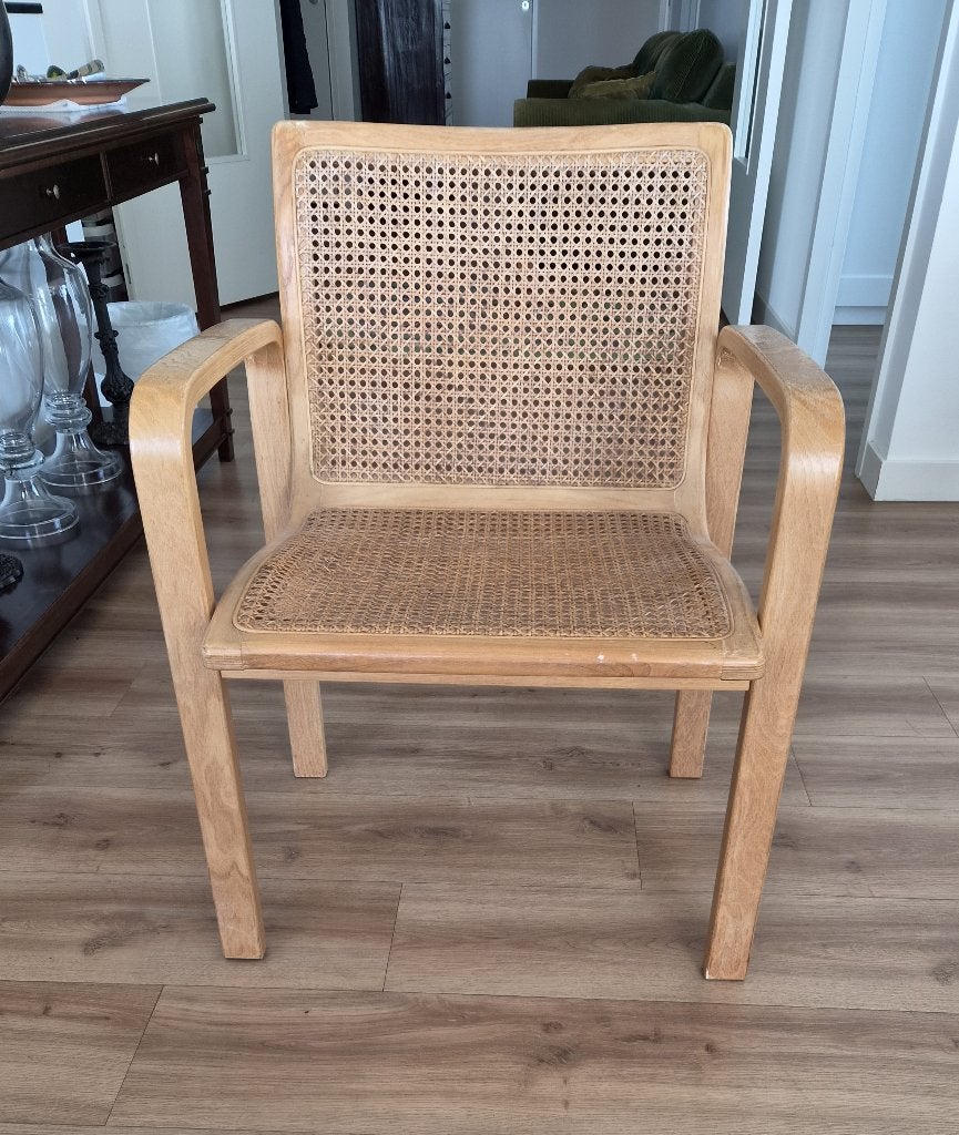 Vintage Olivo Pietro Design Stoel Jr.70 Webbing & Beukenhout, Huis en Inrichting, Gebruikt, Bruin, Mid-Century Modern (of Vintage Design)