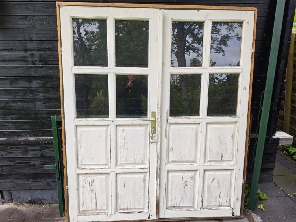 Tuinhuisdeur Blokhutdeur en raam, Tuin en Terras, Tuinhuizen, Ophalen, Gebruikt, Hout, Schuur