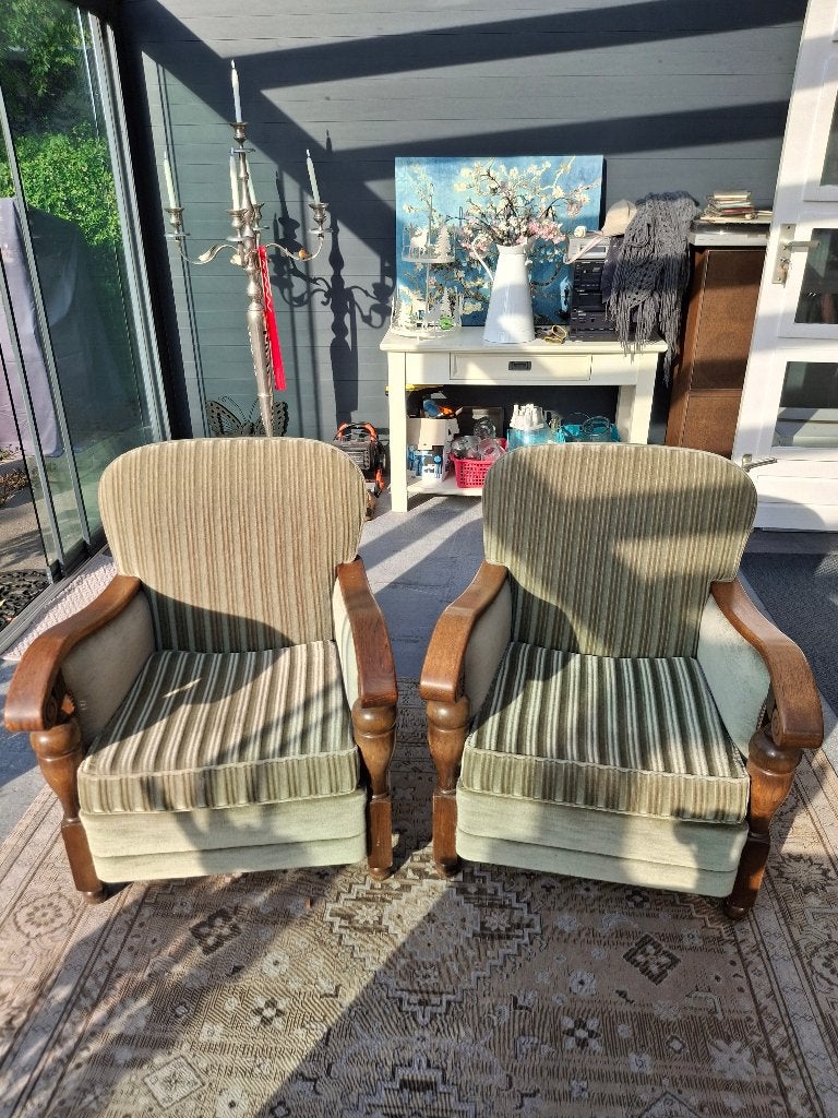Set van 2 vintage fauteuils - groen gestreept, Ophalen, Hout, Gebruikt, Twee