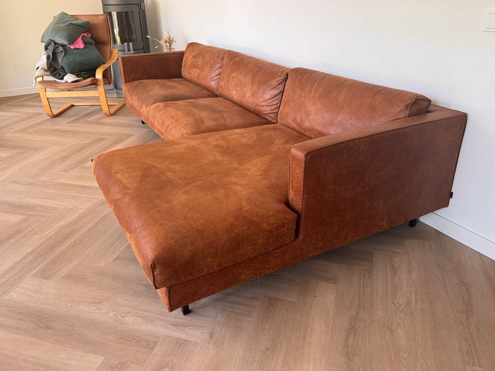 Bodilson Chili hoekbank microleer bruin cognac, Huis en Inrichting, Banken | Bankstellen, Ophalen, Gebruikt, Hoekbank, 300 cm of meer