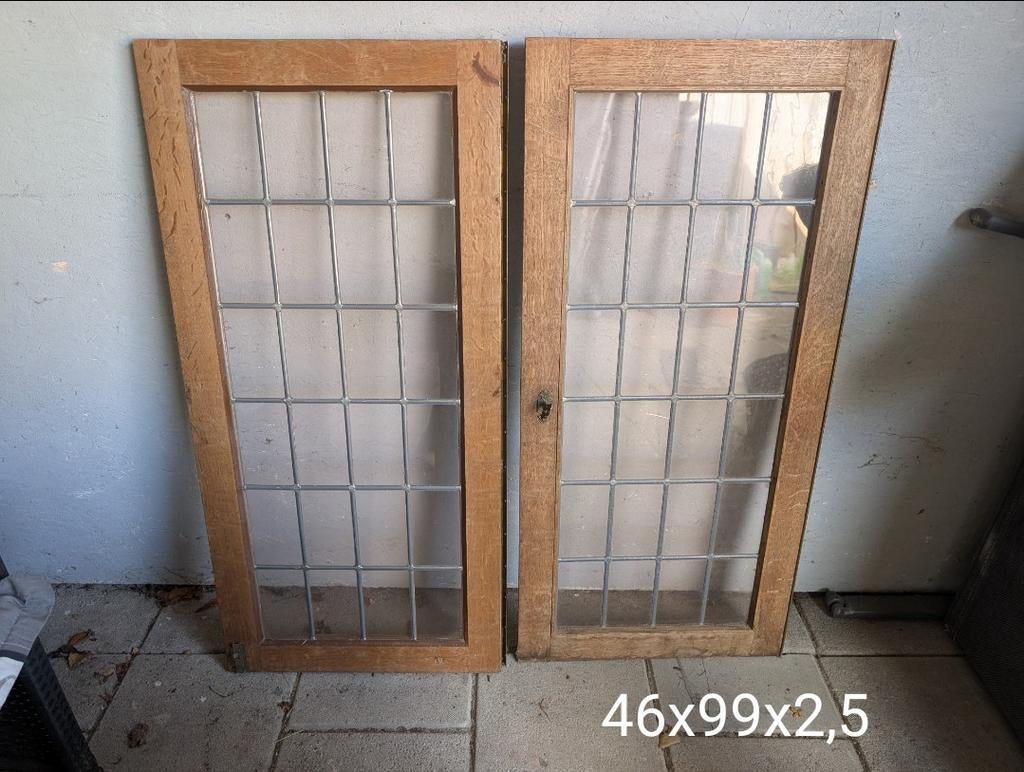 Set van 2 antieke glas-in-lood ramen, Doe-het-zelf en Verbouw, Glas en Ramen, Ophalen, Gevelraam of Ruit, Gebruikt, Minder dan 80 cm