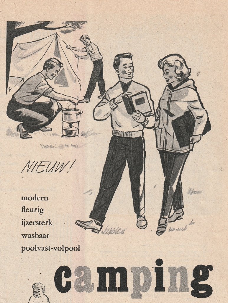 Retro reclame 1958 Schuttersveld camping corduroy bij tent, Verzenden, Overige typen