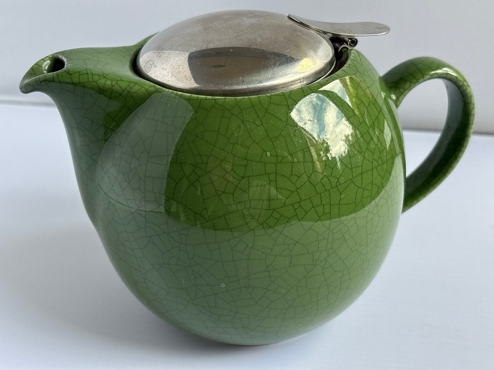 Groene theepot met craquelé glazuur en theezeef, Theepot/fluitketel, Ophalen of Verzenden, Steen/keramiek, Overige merken