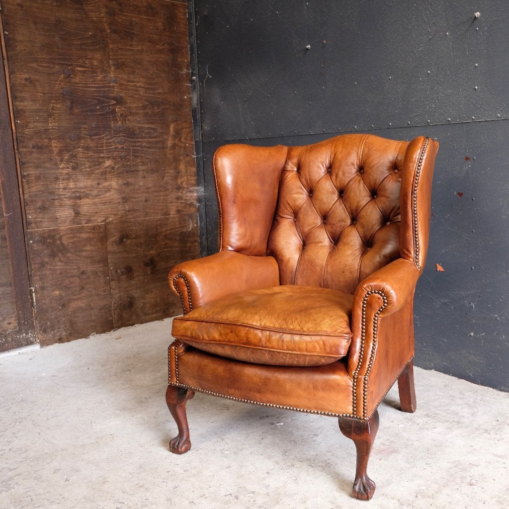 origineel Engelse Chesterfield fauteuil, Ophalen, Minder dan 75 cm, Leer, Engels Chesterfield klassiek Landelijk