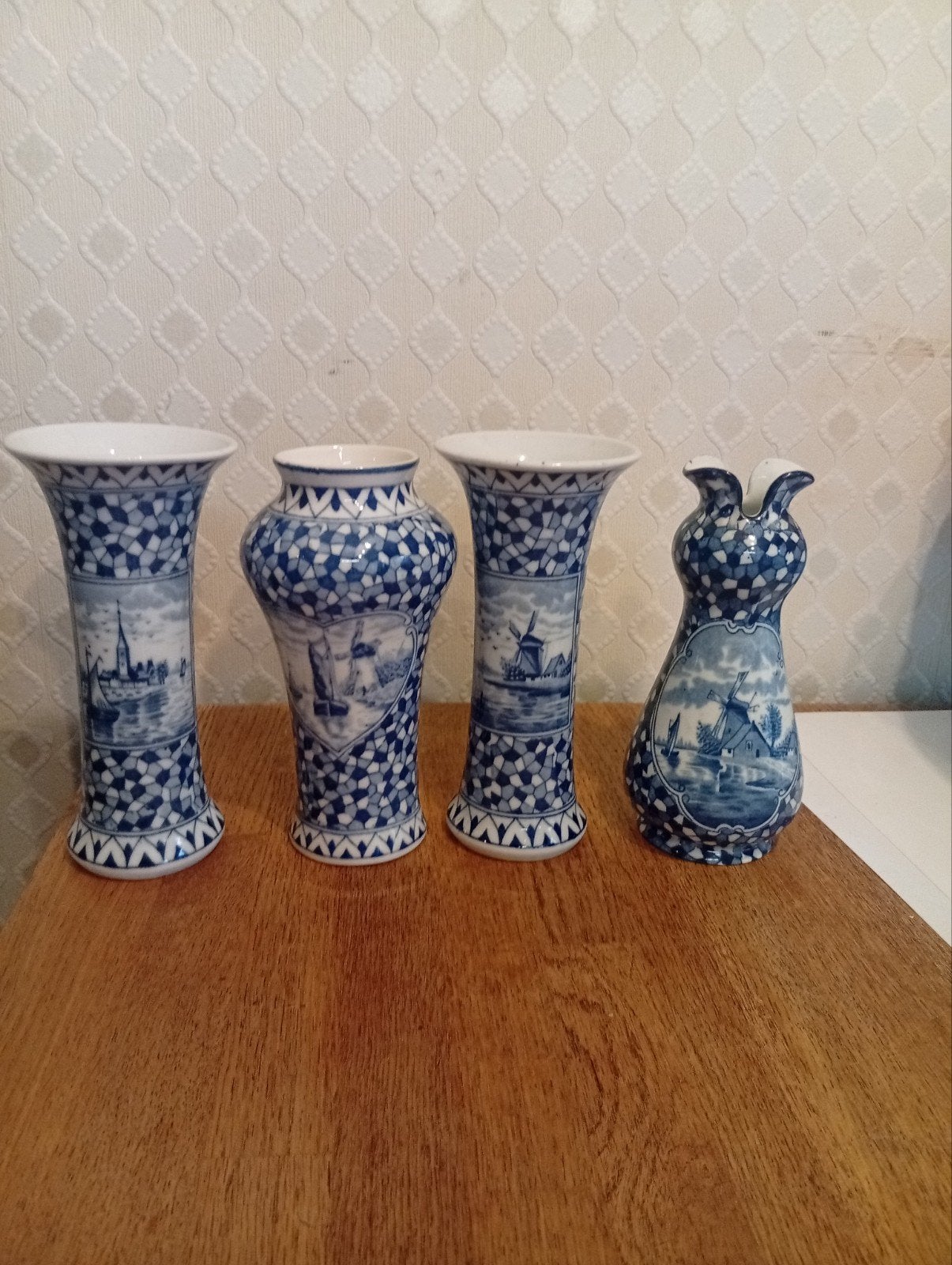 Set van 4 Blauwe Witte aardewerk Vazen - Handgeschilderd, Ophalen of Verzenden