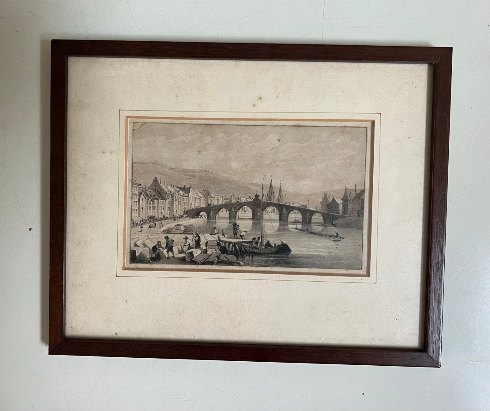 Antieke Ets: Brug over de Moezel in Cochem, Duitsland, Antiek en Kunst, Ingelijst, 1800 - 1899, Ets, Stadsgezicht