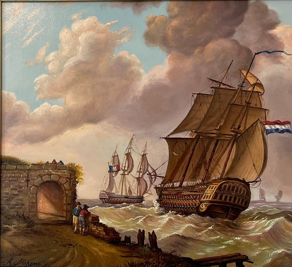 Schilderij zeeslag. Alfonso Moreno., Antiek en Kunst, Realistisch, Ophalen of Verzenden, Olieverf, Gesigneerd