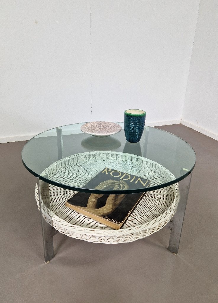 Vintage salontafel | Rotan mand | Glazen blad, Ophalen, Gebruikt, -, -