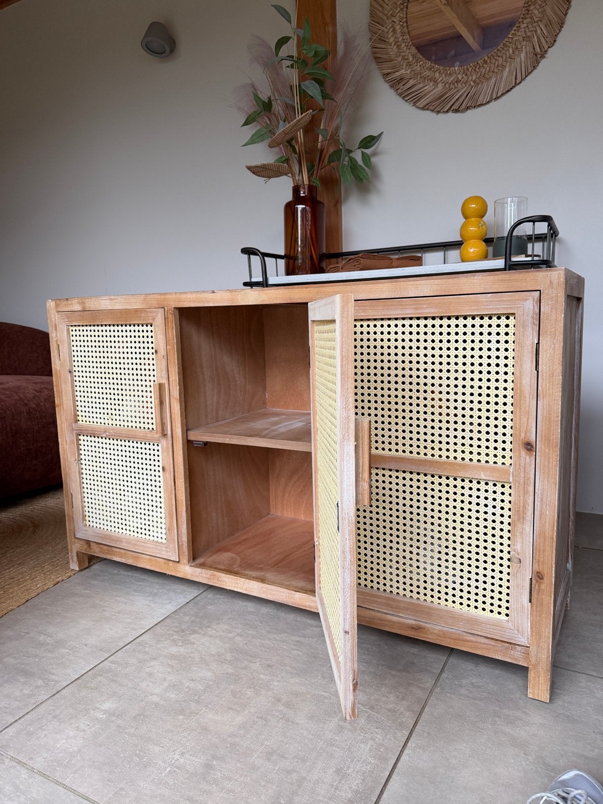 Webbing bandung dressoir met 3 deuren - Boheemse stijl, Ophalen, 100 tot 150 cm, Zo goed als nieuw, 25 tot 50 cm