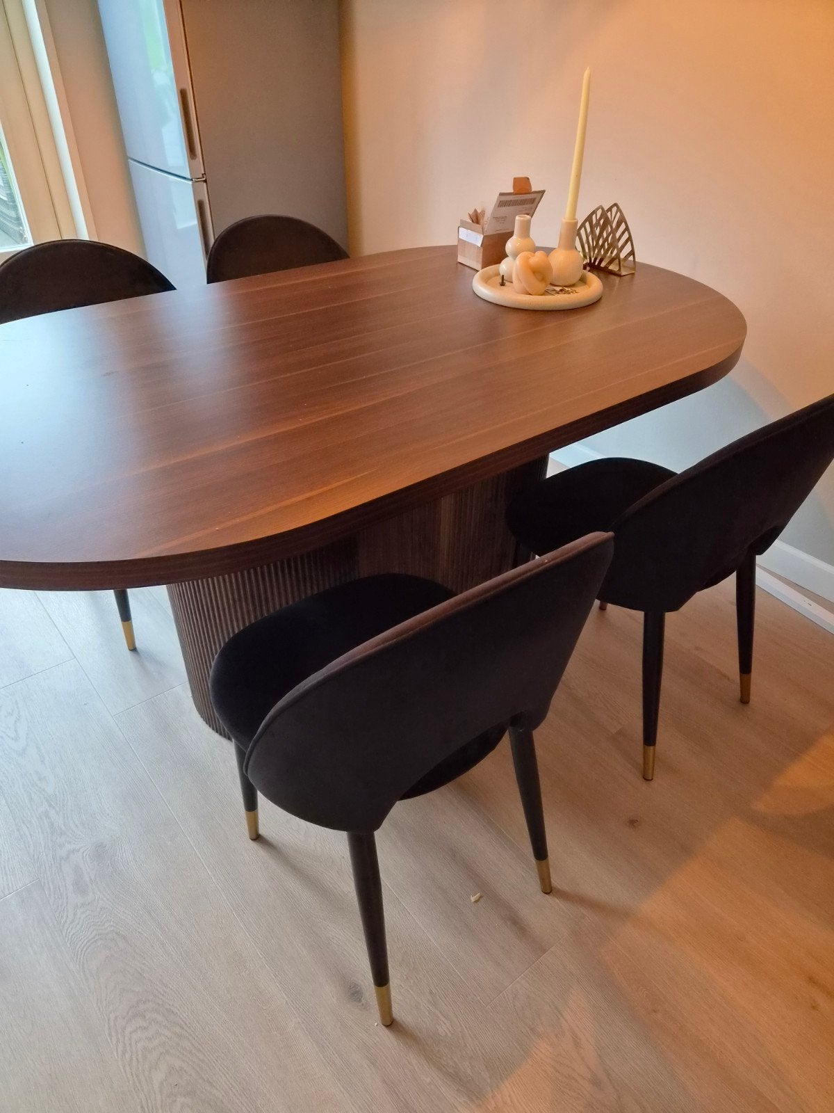 Set van 4 zwarte velvet eetkamerstoelen, Ophalen, Gebruikt, Zwart, Vier