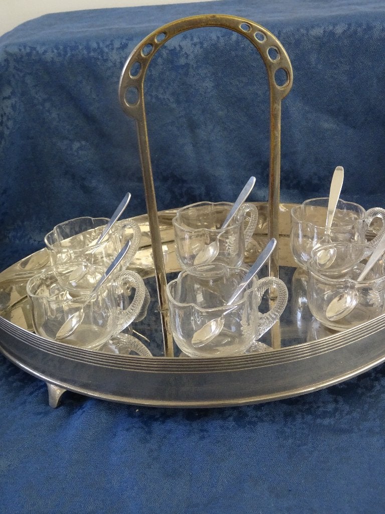 Antieke art nouveau WMF schaal tray + glazen + lepeltjes, Ophalen of Verzenden