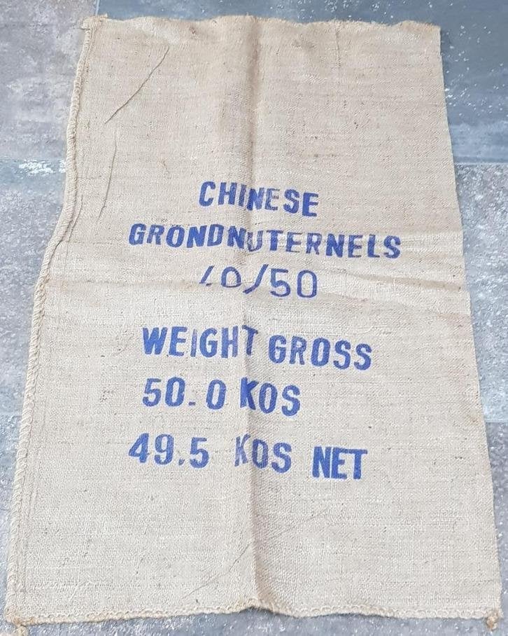 Grote jute zak met blauwe opdruk / tekst, Ophalen of Verzenden