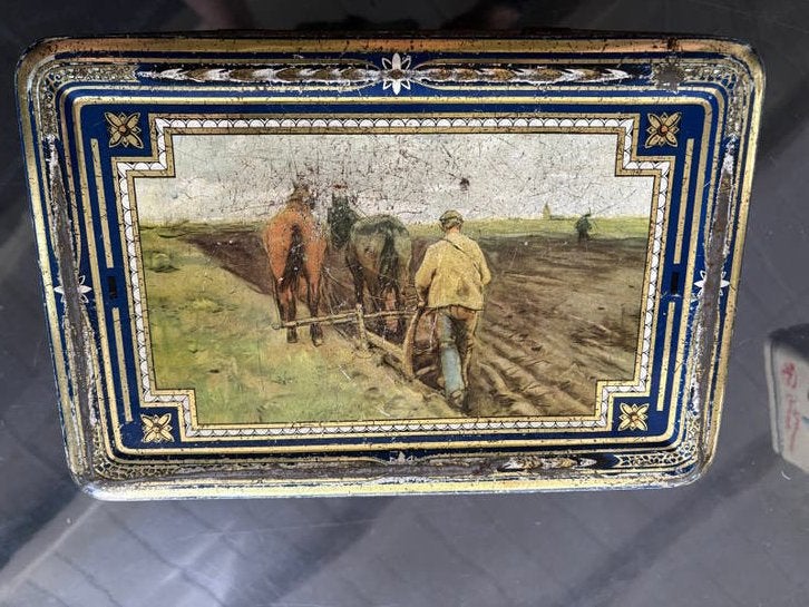 Antieke blikken trommel met landelijke taferelen, Verzamelen, Ophalen of Verzenden, Gebruikt, Koek(jes), Overige merken