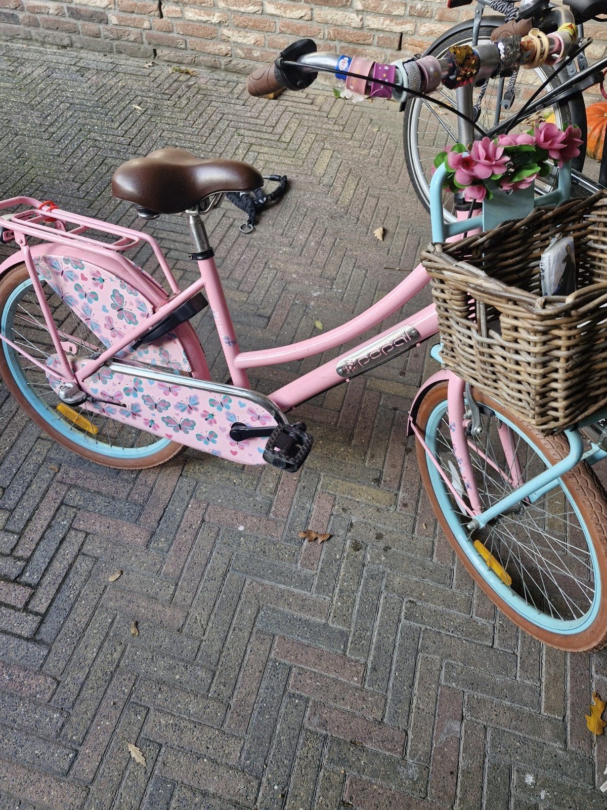 Roze kinderfiets Popal met mandje en vlinderdetails, Ophalen, Terugtraprem, 22 inch, Gebruikt
