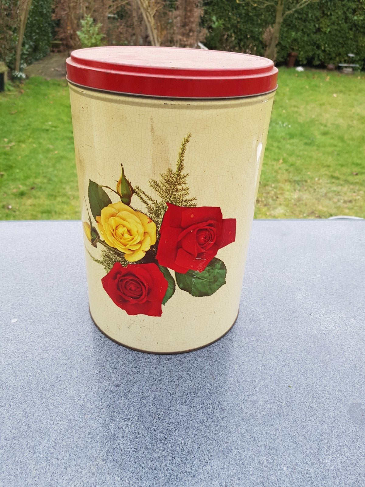 Vintage voorraadbus met rozen decoratie, Ophalen of Verzenden