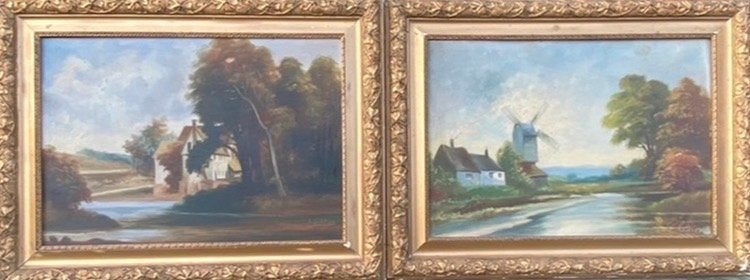Twee Antieke Schilderijen op Panelen - Molen en Boerderij, Antiek en Kunst, Kunst | Schilderijen | Klassiek, Ophalen of Verzenden