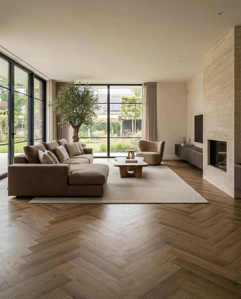 9 pakken Visgraat XL Maitland Oak Plak PVC (44,55m2), Huis en Inrichting, Stoffering | Vloerbedekking, Nieuw, Vinyl, Bruin, 25 tot 50 m²