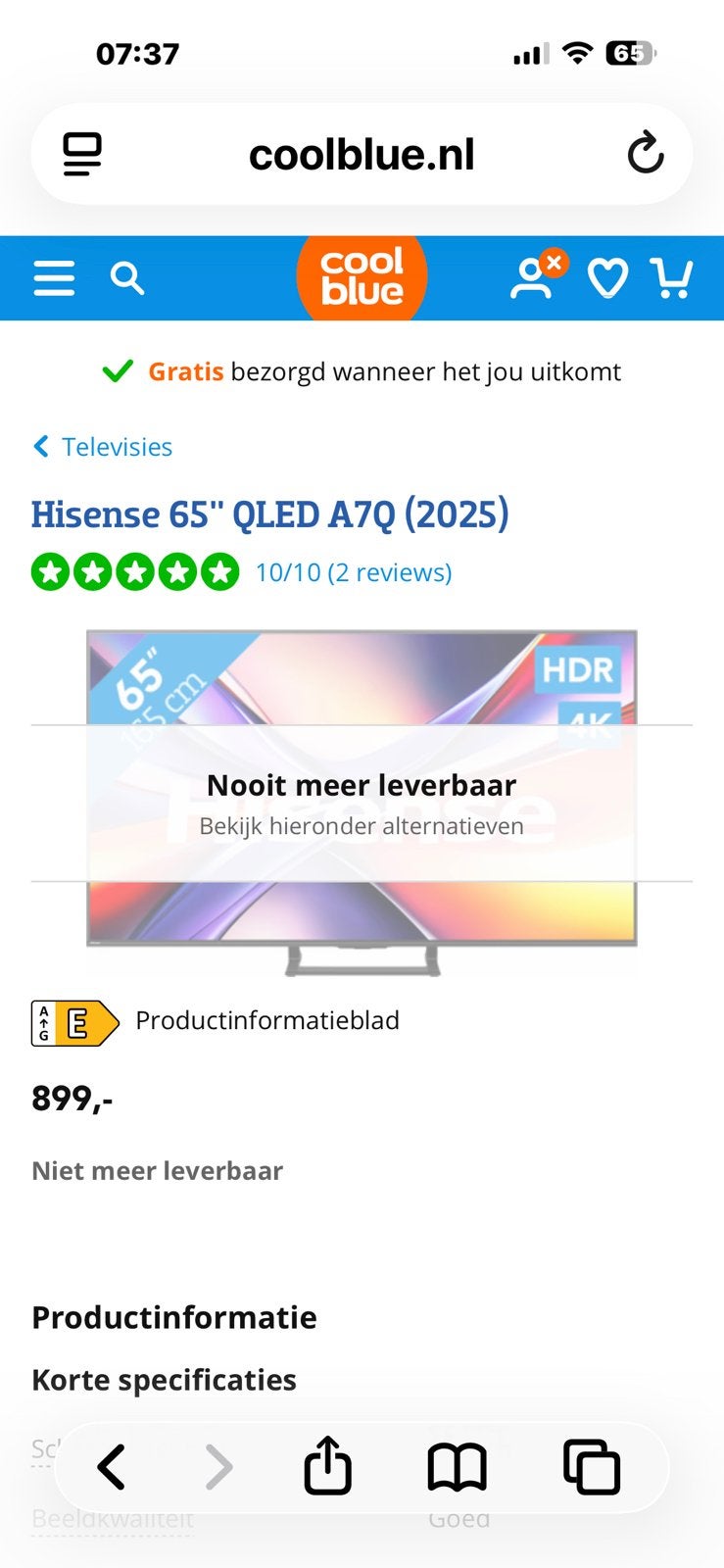 Hisense snart tv 65 inch nieuw Qled 65 A7 Q, Hisense, QLED, Hisense, 50 Hz