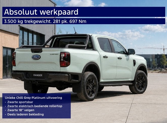Ford Ranger Chill Grey Platinum Double Cab 2.3 PHEV 279 pk, Auto's, Automaat, 12 maanden, Euro 6, Leder