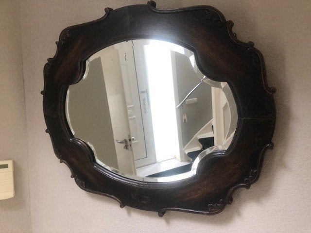 Massief houten wandspiegel – Facetgeslepen glas, Huis en Inrichting, Ophalen, Gebruikt, Minder dan 100 cm, Ovaal