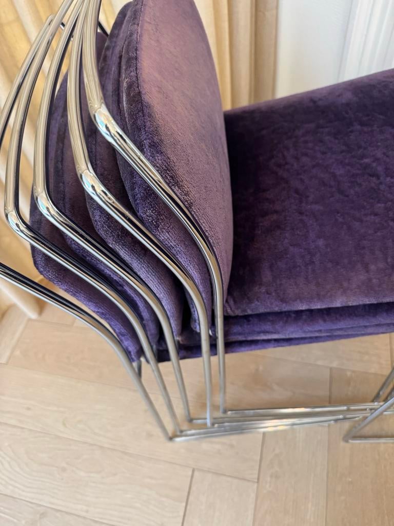 Vintage Paarse Fluweel Stapelbare Stoelen met Chroom Frame, Ophalen, Gebruikt, Overige kleuren, Retro  80er jaren