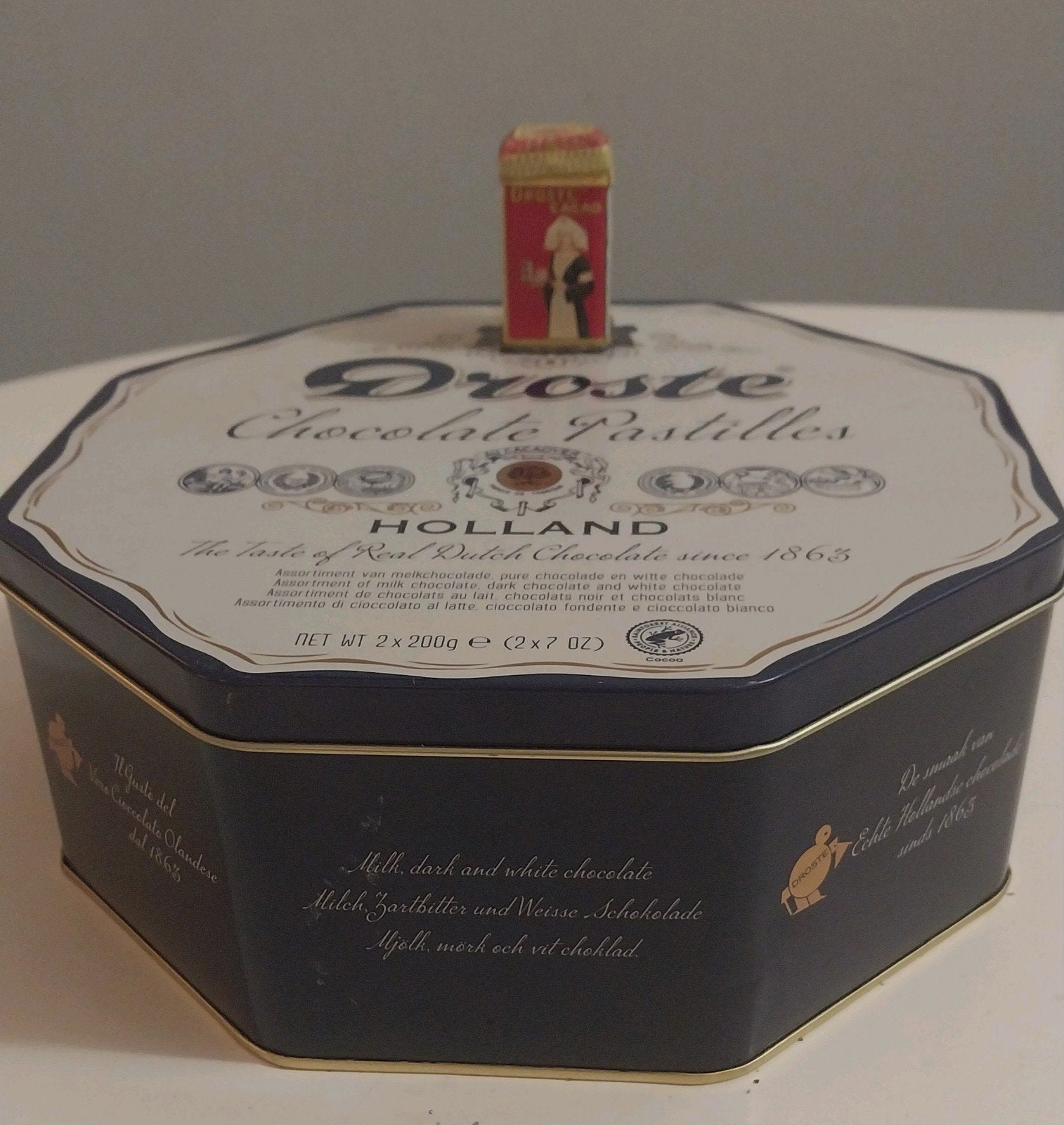 Mini Droste cacao blik 4,5 cm en groot droste blik, Ophalen of Verzenden, Gebruikt, Overige, Droste
