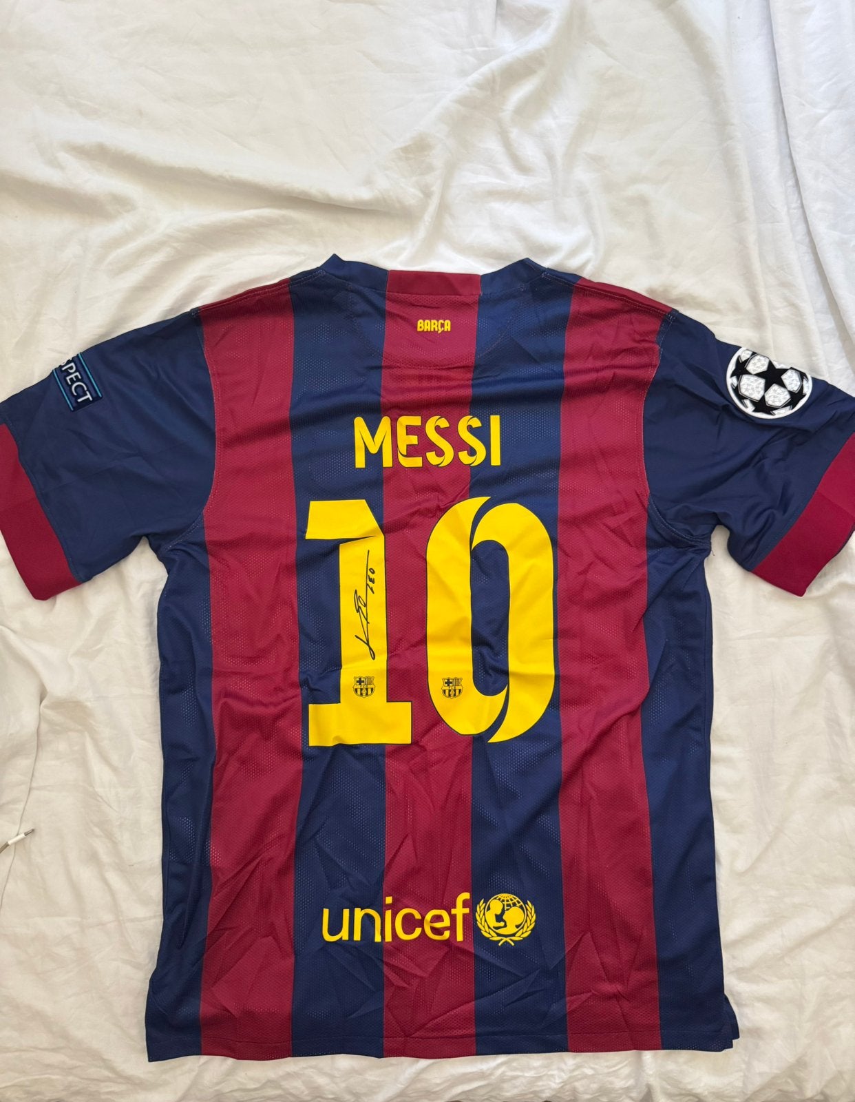 Lionel Messi FC Barcelona 2014/2015 Shirt Gesigneerde Print, Maat L, Ophalen of Verzenden, Zo goed als nieuw, Shirt