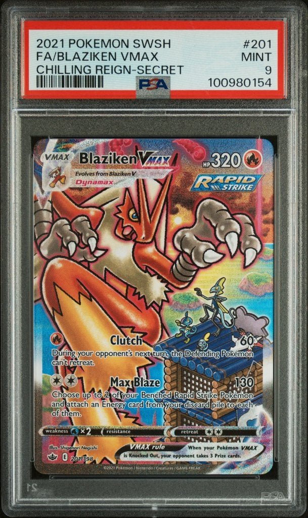 Blaziken VMAX Secret Rare PSA 9 Chilling Reign, Ophalen of Verzenden, Zo goed als nieuw, Losse kaart