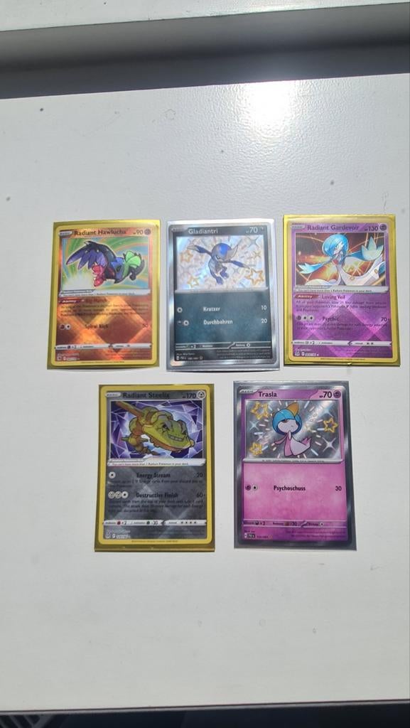 5 duitse en Engelse shiny pokemon kaarten, Ophalen of Verzenden, Gebruikt, Meerdere kaarten, Foil