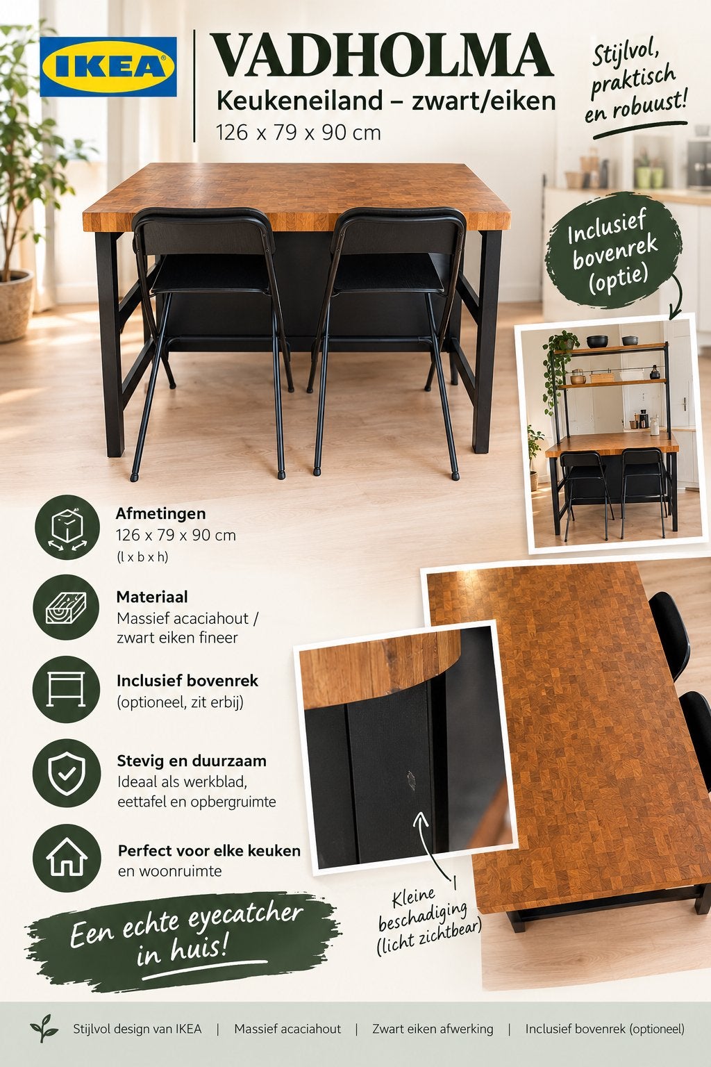 Ikea Vadholma keukeneiland-zwart eiken, Ophalen, Zwart, 50 tot 100 cm, Zo goed als nieuw