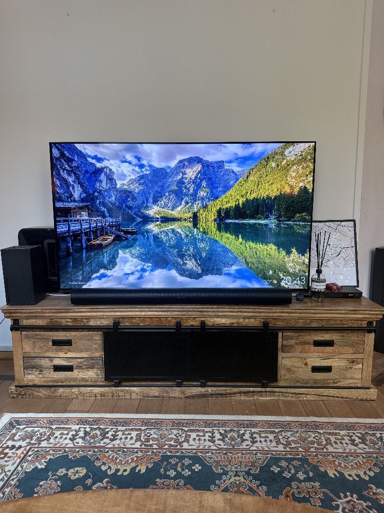 Mangohouten TV Meubel 200 cm, Ophalen, Overige materialen, Mangohouten tv meubel, Zo goed als nieuw