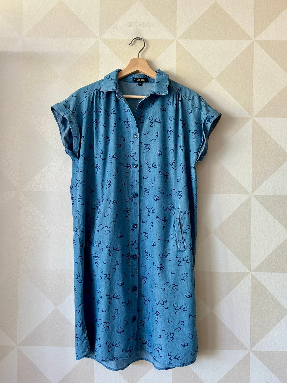 King Louie Dress blauw chambray XS/34 zgan, Blauw, Ophalen of Verzenden, Zo goed als nieuw, Knielengte