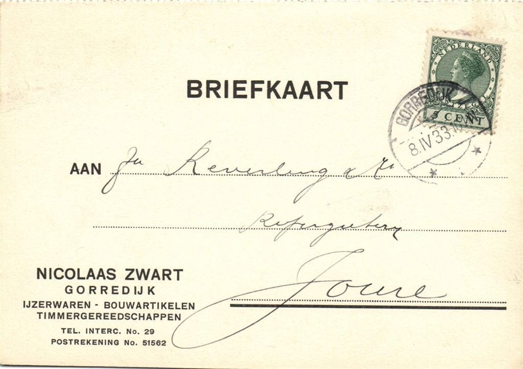 Nicolaas Zwart, Gorredijk - 04.1933 - briefkaart, Postzegels en Munten, Ophalen of Verzenden, Briefkaart