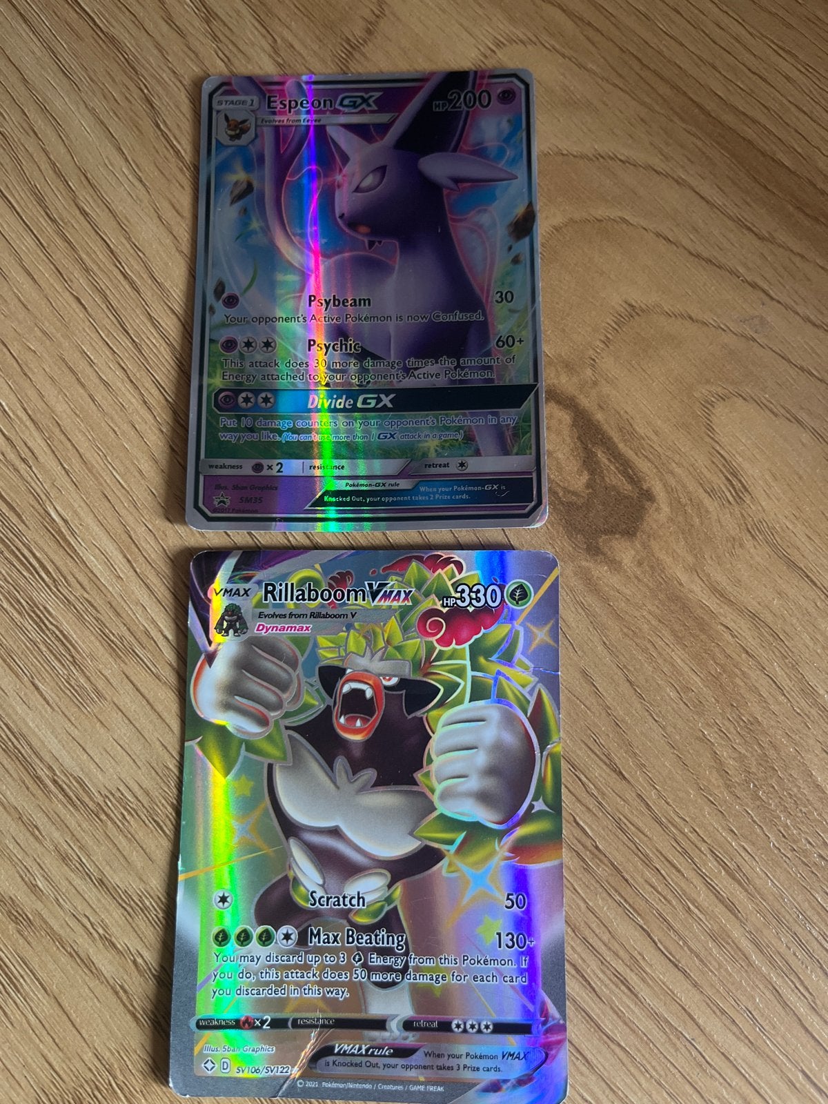 Pokémon Kaarten: Espeon GX & Rillaboom VMAX, Ophalen of Verzenden, Gebruikt, Meerdere kaarten, Foil