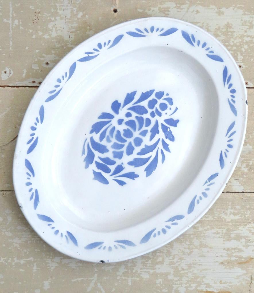 Ovale emaille schaal Spuitdecor – blauw, Antiek en Kunst, Ophalen of Verzenden