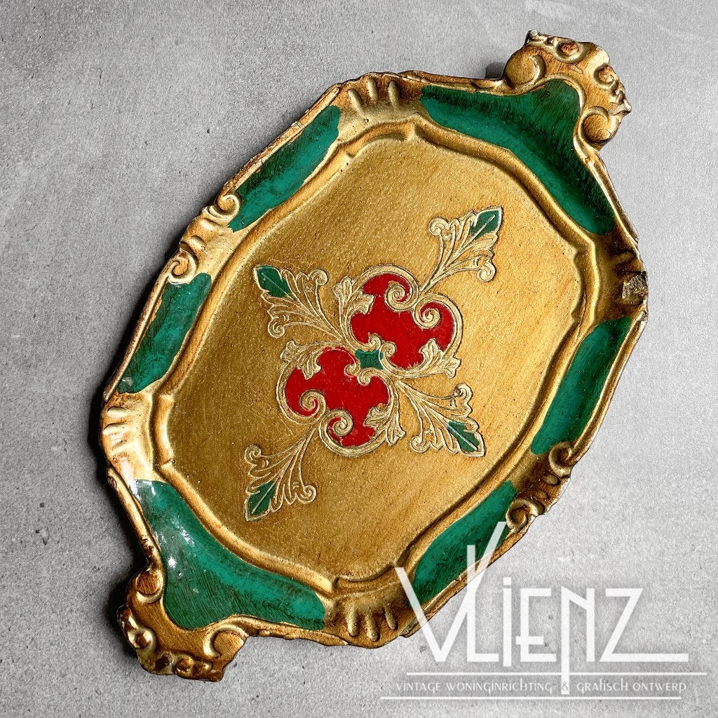 Vintage Florentijns dienblad goudkleurig en groen, Antiek en Kunst, Ophalen of Verzenden