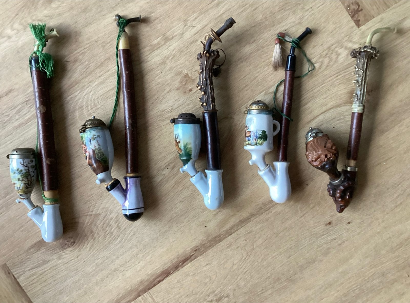 Set van 6 antieke jachtpijpen met porseleinen koppen, Ophalen of Verzenden, Gebruikt, (Water)pijp