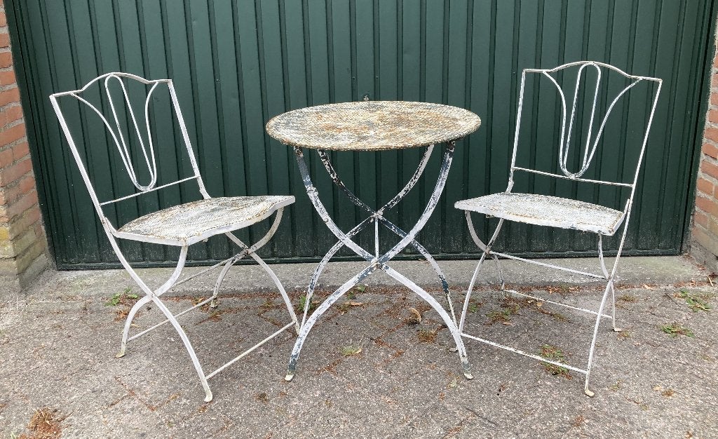 Brocante ijzeren tuinstel - ronde tafel & 2 stoelen., Ophalen