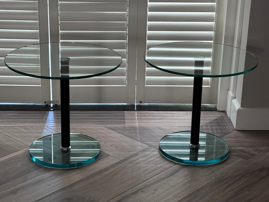 2 design bijzettafels, rond, glas/metaal, Metaform KL, Minder dan 55 cm, Gebruikt, Design, Rond