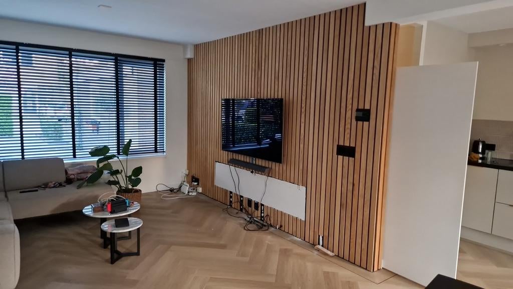 Essenhouten lattenwand 430x266cm  akupanelen, Ophalen, Gebruikt, Minder dan 25 mm, Plank