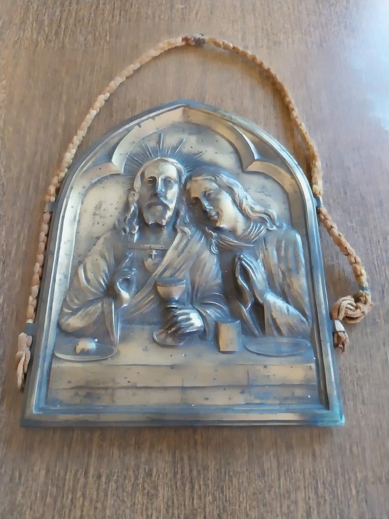Antiek bronzen reliëf: Het Laatste Avondmaal, Antiek en Kunst, Antiek | Religie, Ophalen of Verzenden