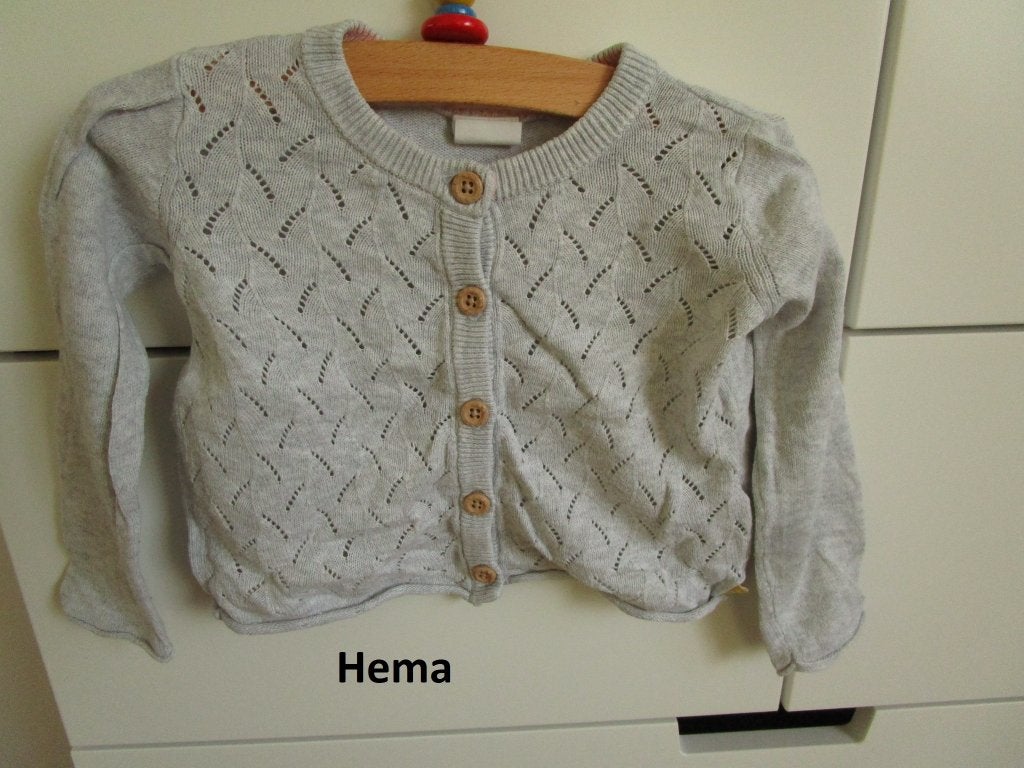 Hema - grijs ajour vestje maat 68, Ophalen of Verzenden, Zo goed als nieuw, Hema, Truitje of Vestje